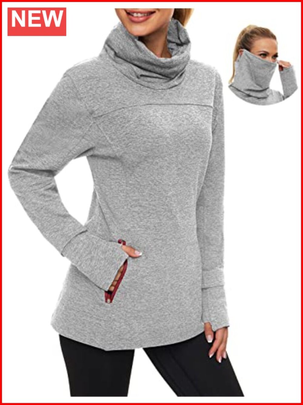 Fleece Running Sweatshirt Cowl Neck Pullover Thumb Holes Neck Gaiter